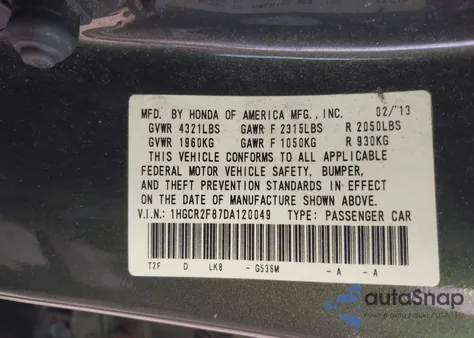 2013 Honda Accord Sdn Ex-L z USA, uszkodzony, nr VIN 1HGCR2F87DA120049